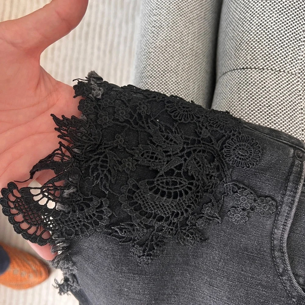Black Lace Trim Women Jean Shorts - Picture 3 of 7